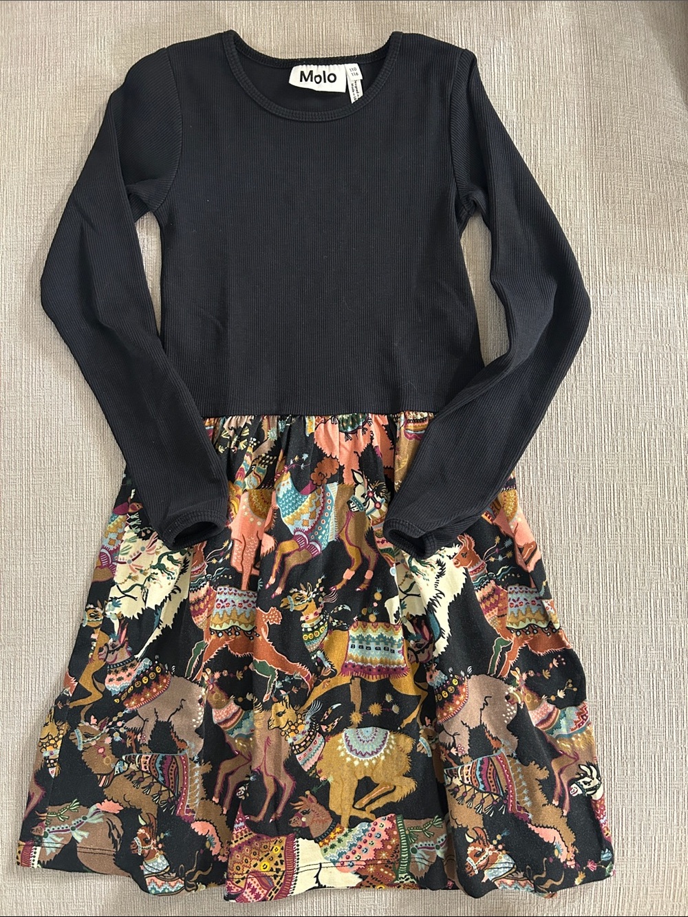 Molo Black Top with Multi Camel-Print Skirt Dress